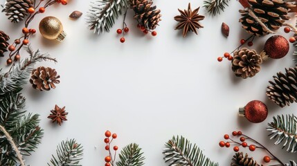 Holiday themed frame with winter decor Card from above with space for message