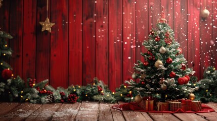 Holiday theme with wooden surface red backdrop and decorated tree