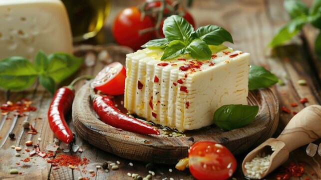 Homemade Adyghe cheese with Basil tomato sesame oil chili pepper on a wooden table