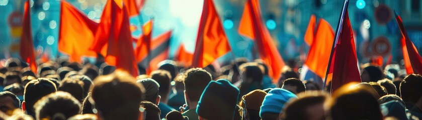 Crowded political rally with supporters waving flags.