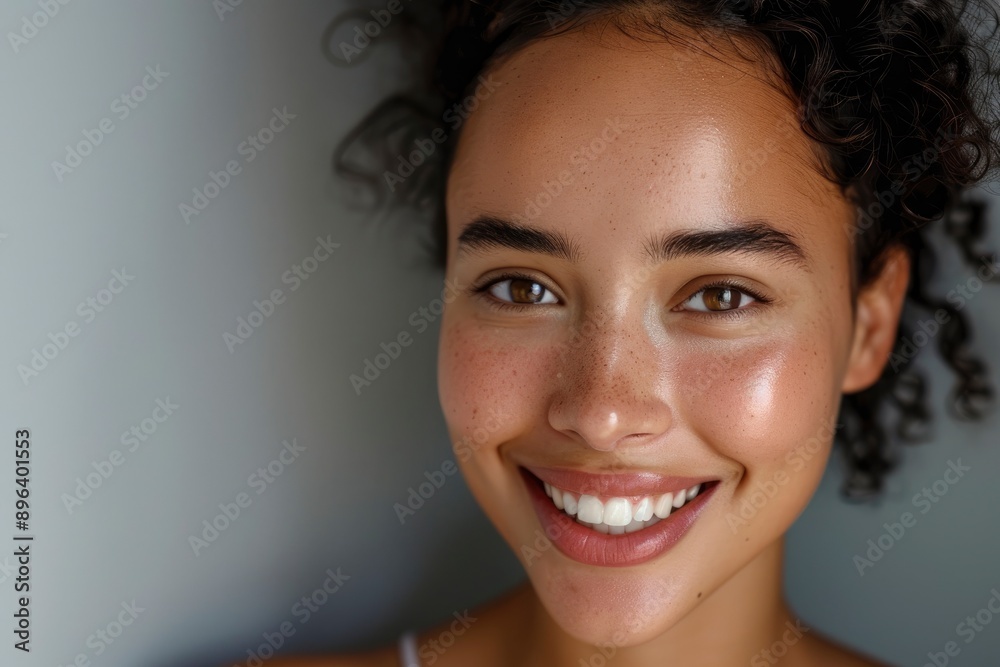 Wall mural close up face of young woman with beautiful smile isolated on grey wall with copy space. successful 