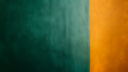 Naklejka premium Vibrant green and orange painted wall texture with copy space, perfect for interior decoration. Bold colors blend in a grunge pattern, adding elegance to any project