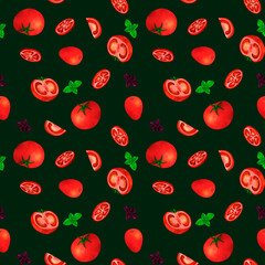 Red tomato and basil, watercolor seamless pattern, on green background. For prints on textile and paper, clothes, plates and dishes design, decoration for kitchen, restaurant menus, recipes, cookbook