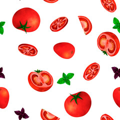 Red tomato and basil, watercolor seamless pattern, on white background. For prints on textile and paper, clothes, plates and dishes design, decoration for kitchen, restaurant menus, recipes, cookbook