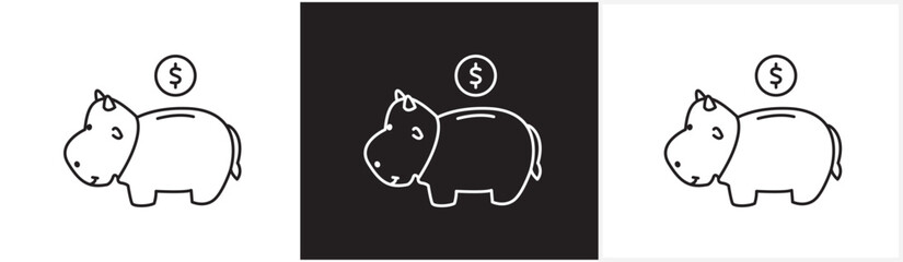 Cow savings icon and finance icon. Thin line icon of saving money. Money, savings, income, wallet, dollars, coins, income, piggy bank, money storage icons on black and white and transparent background