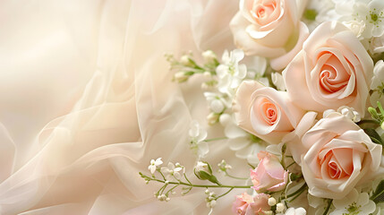 Wedding bouquet of roses with wedding rings and a beautiful floral arrangement, symbolizing love, beauty, and celebration