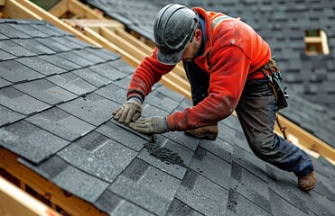 Roofer installing shingles on a roof, ensuring alignment and securing them along the nail line