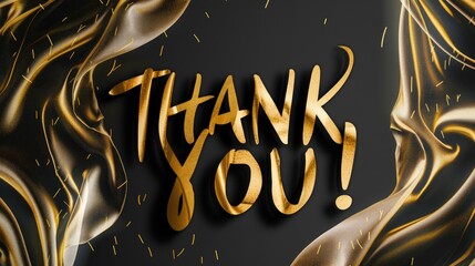 Luxury golden THANK YOU poster text on black background, featuring wavy lines. gratitude in business, event invitations and personal thank you notes.