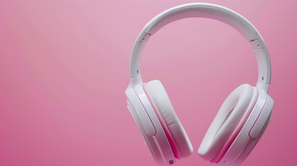 Wireless white headphones against a close-up pink background.