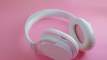 Wireless white headphones against a close-up pink background.