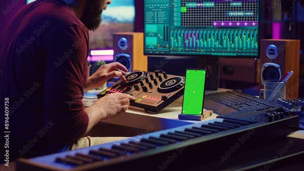 Poster Sound engineer working on mixing and mastering techniques in his home studio, using phone with greenscreen display while he is recording audio. Artist operating soundboard and amplifier. Camera A.