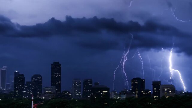 A series of powerful lightning strikes illuminate the silhouette of a city skyline, creating a dramatic scene against a dark, stormy sky