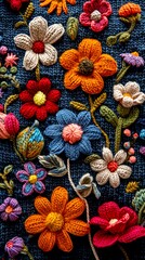 Colorful Embroidered Floral Pattern on Dark Fabric Background. This close-up showcases intricate embroidery work. Perfect for textiles, fashion, and handmade crafts projects. Created by AI