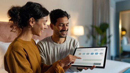 Couple selecting a hotel room on a tablet, hotel booking, easy digital experience