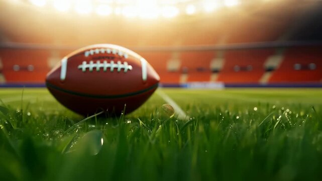 A close-up view of a football resting on a green field, with a stadium and bright sunlight in the background