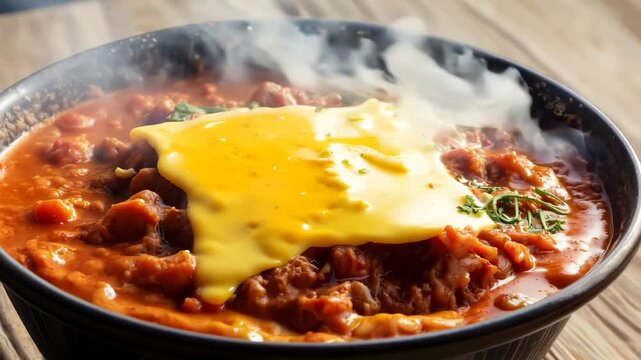 A close-up shot of a steaming bowl of chili topped with melted cheese. The chili appears to be homemade and is full of flavor