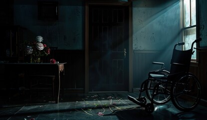 A Wheelchair in a Dark and Dusty Room