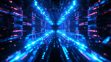 Light speeding through futuristic technological tunnel digital data flowing