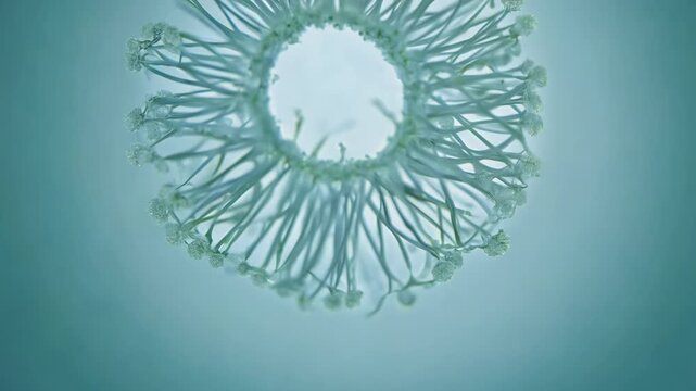 A microscopic view of a slender apical chf prob, arranged in a circular formation. The prob is white and translucent, with delicate branches