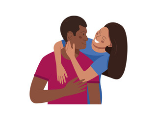 A couple in love, a man and a woman, smile at each other. Woman hugging a man. 