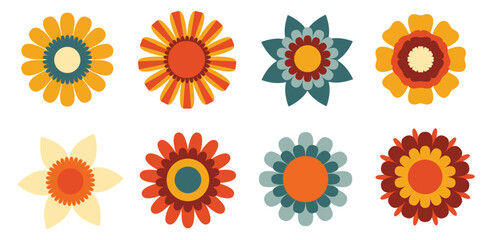 Set of flowers in 70s style. Vintage groovy floral collection.	