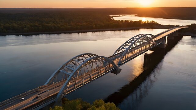 Digital image of a modern bridge spanning a wide river at sunset