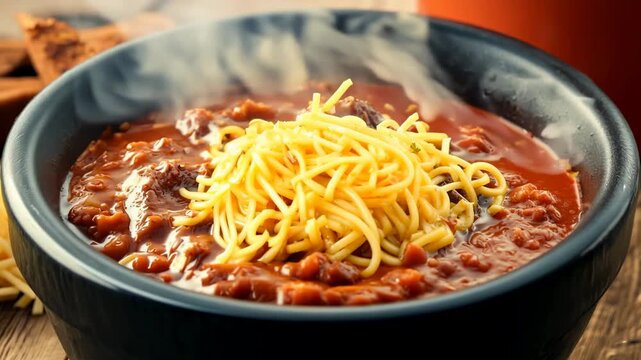 Shredded cheese is being added to a bowl of chili