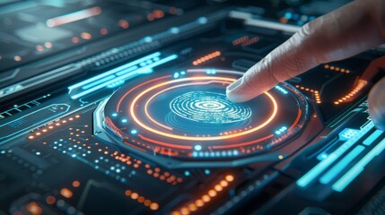 Scan fingerprint biometric identity and approval. Secure access granted by valid fingerprint scan, Business Technology Safety Internet Network Concept