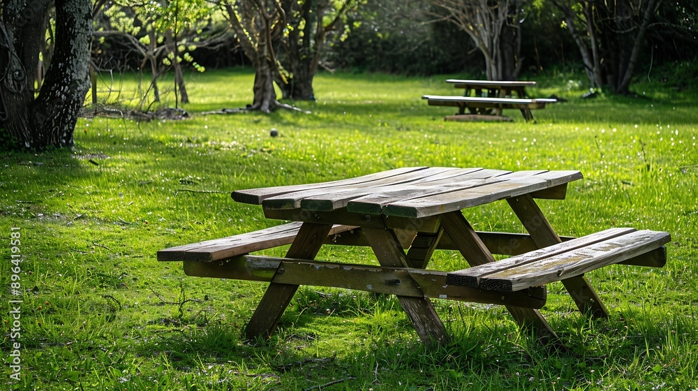 Poster park picnic table bench rest relax outdoors benches and tables on green grass in recreational area :