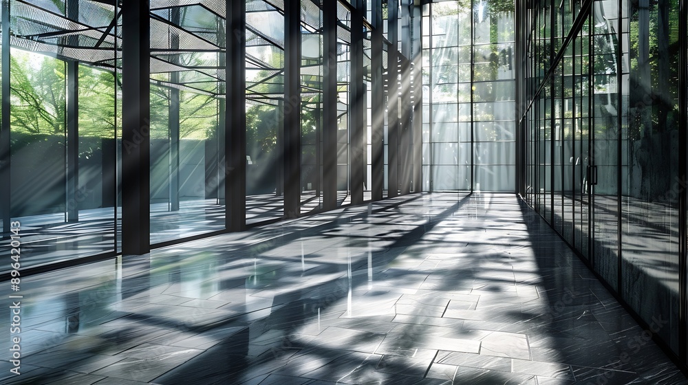 Aufkleber Architecture details of transparency glass wall and steel structure with overlapping reflection light and shadow : Generative AI