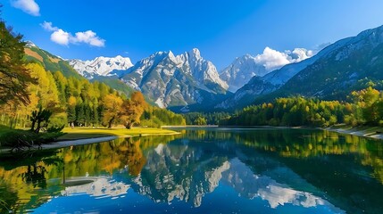 Obraz premium Jasna lake with beautiful mountains Nature scenery in Triglav national park Location Triglav national park Kranjska Gora Slovenia Europe Mountain lake Jasna in Krajsnka Gora Slovenia : Generative AI