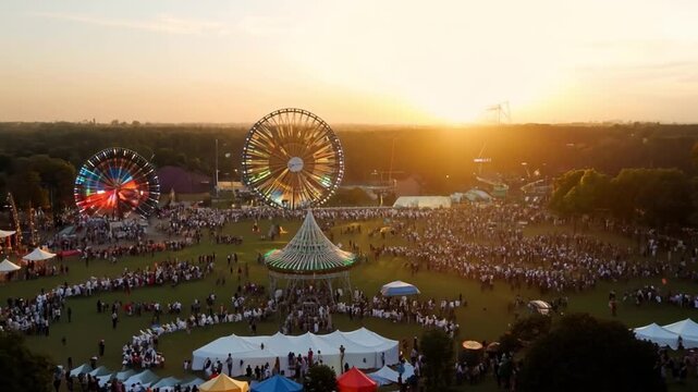 A large crowd of people are gathered in a field with a Ferris wheel in the background. The sun is setting, creating a warm and inviting atmosphere