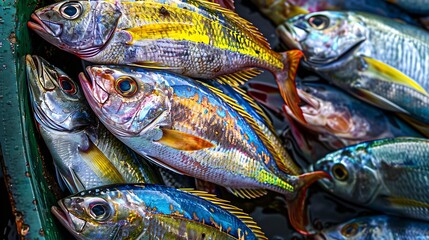 Fototapeta premium Miscellaneous fishes from trawer boat in India south west : Generative AI