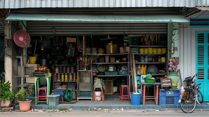 Miscellaneous street shop Traditional of store front of miscellaneous shops that selling charcoal burning stove folk fishing tools and household items for street cart hawkers and house : Generative AI