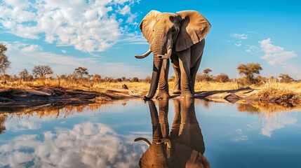 African bush elephant drinking front view in waterhole in Kruger National park South Africa  Specie Loxodonta africana family of Elephantidae : Generative AI