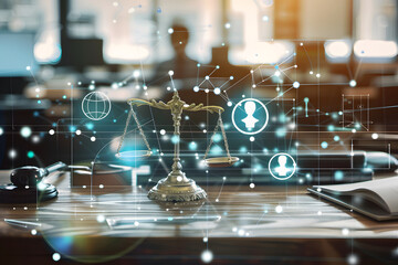 Scales of Justice surrounded by digital technology icons, symbolizing the intersection of law, justice, and modern technology in a legal office