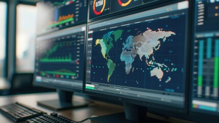 AI-generated climate prediction models on a computer screen, climate technology, future forecasting