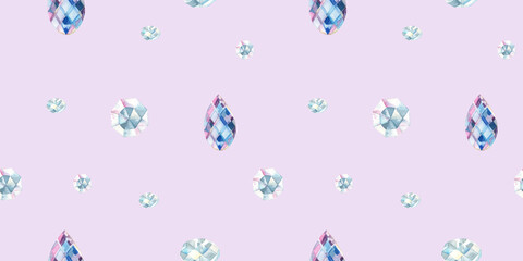 Jewelry, Crystals Watercolor Seamless Pattern. Hand drawn illustration on a violet background. Can be used for fabric, textile and packaging prints and decoration.