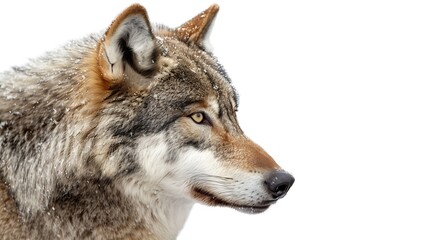 Fototapeta premium portrait of a gray wolf with snowflakes on the muzzle isolated on white background : Generative AI