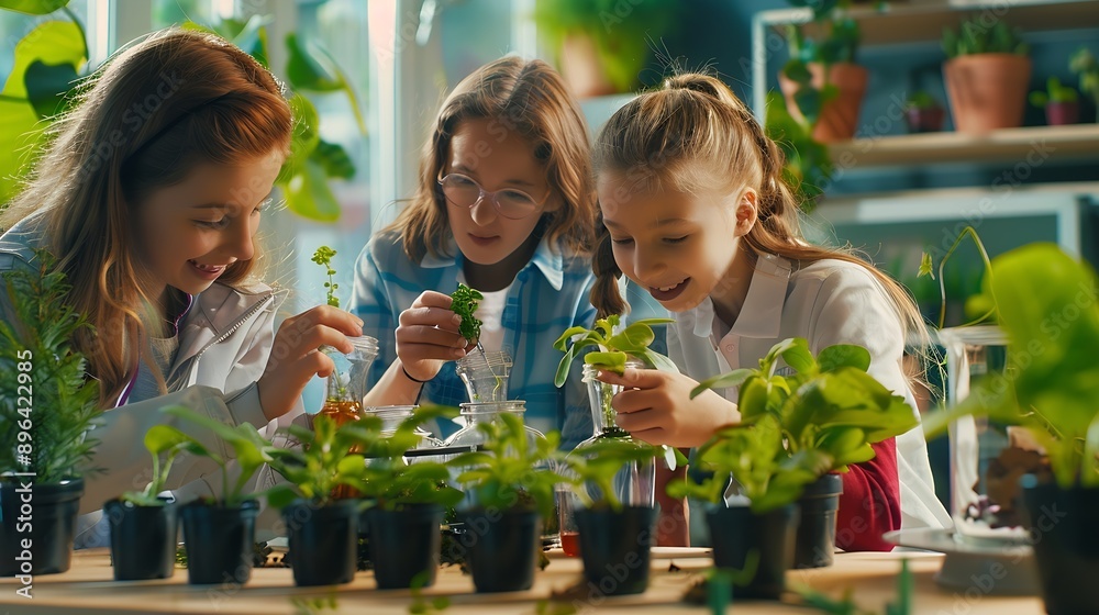 Poster science students and curious of plants children and teacher with container of sample of nature class