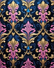 Pink and gold floral pattern on dark blue background, a stylish design for invitations, stationery, fabric, and packaging. 2