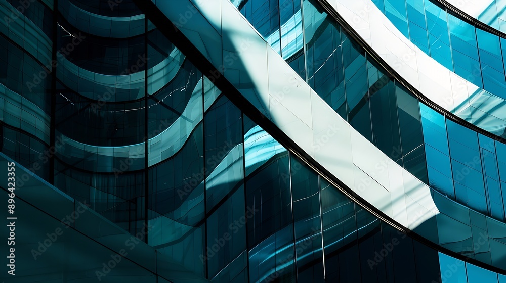 Aufkleber Modern architecture Abstract pattern of shadows and light on curved diagonal lines of contemporary facadeFragment of the facade of glass building : Generative AI