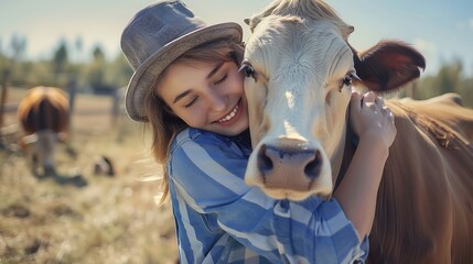 Naklejka premium Portrait Farmer Happy young woman hugging cow concept veterinary health care Concept agriculture cattle livestock farming industry : Generative AI