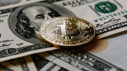 A bitcoin coin sitting on top of a pile of money, symbolizing financial wealth