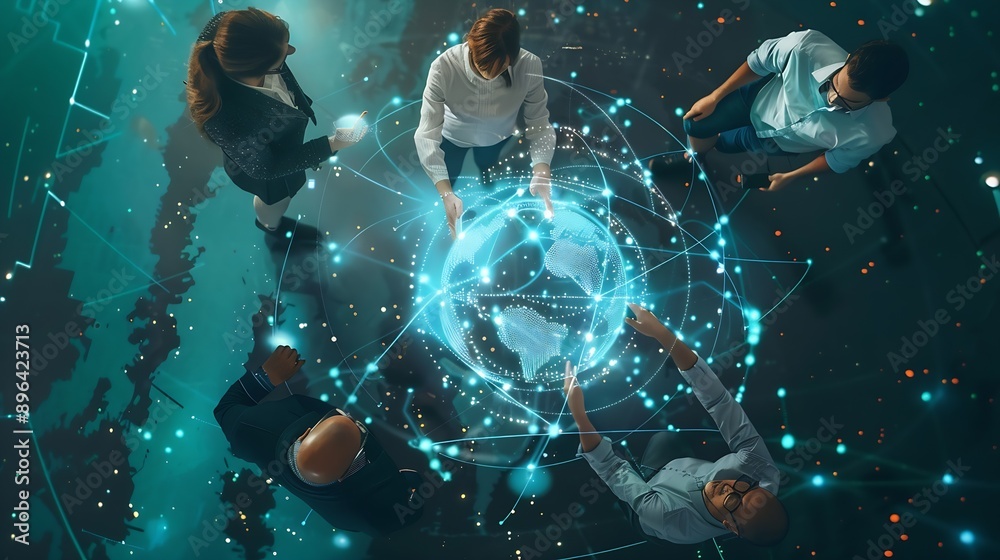 Poster Top down aerial view of skilled business team listening manager present global networking system while giving a high five to encourage or motivate team Hologram of internet connection  : Generative AI