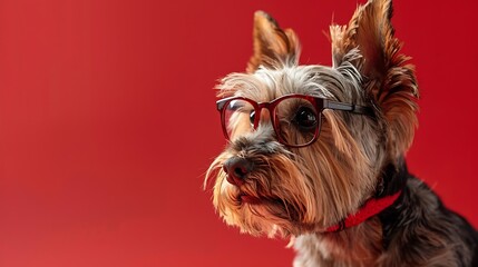 Naklejka premium small terrier dog with glasses on a red background : Generative AI