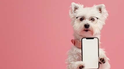 Adorable white dog with glasses holds smartphone with mock-up screen on pink background