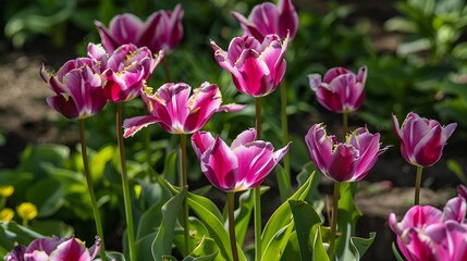 Fototapeta premium Miscellaneous Kolpakowskys tulips Tulipa kolpakowskiana bloom in a garden in April : Generative AI
