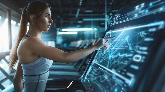 Image of data processing over caucasian woman on treadmill exercising in gym Global sports science computing digital interface and data processing concept digitally generated image : Generative AI