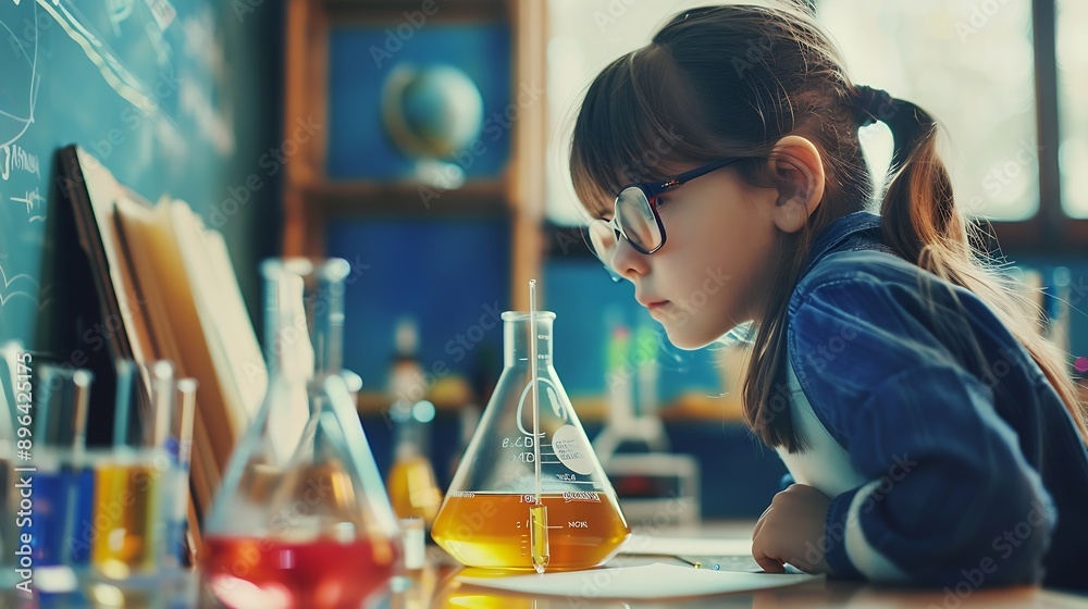 Poster girl classroom and science beaker for learning education and test with smart or intelligent child st